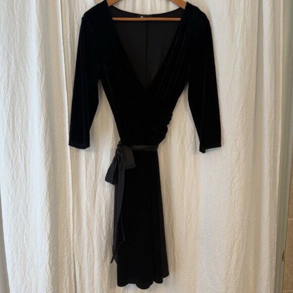 AB Studio Black Velvet Midi Dress Size L Satin Sash 3/4 Sleeve V-Neck Holiday - Picture 7 of 12